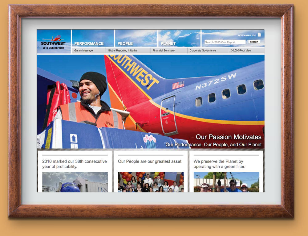 Screen shot of Southwest Airlines 2010 One Report, designed by Curran & Connors, and developed by Jonathan Russell